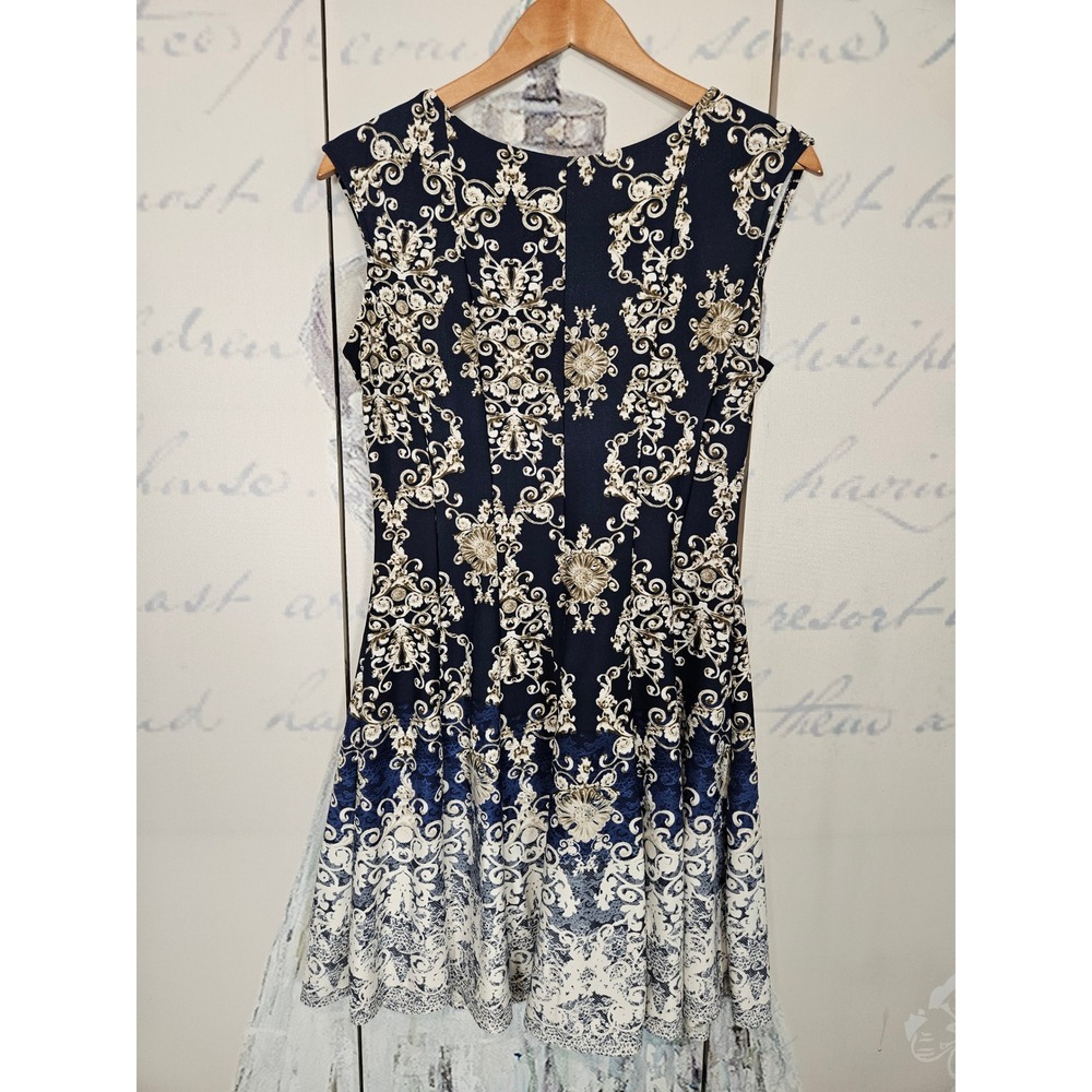 cb Established 1962 Navy Blue Gold Baroque Damask Fit Flare Dress Size 8